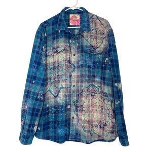 Boho Flannel Shirt Mens Size XXL Unisex Blue Floral Stencil Bleached Plaid